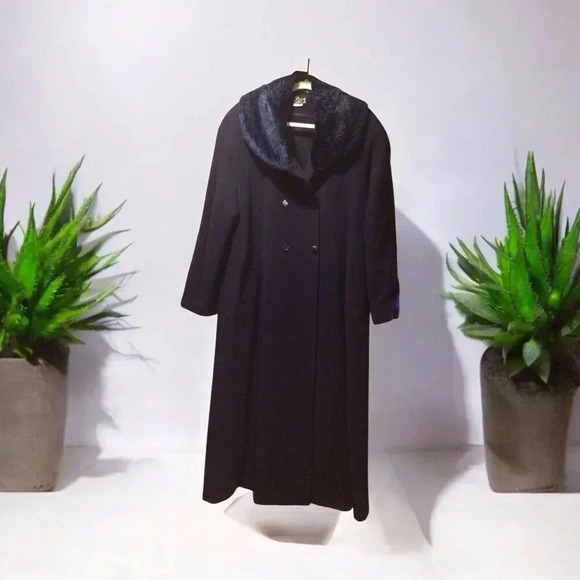 Women’s Lambswool Long Jacket Pea coat Blue Faux Fur Collar Double Breasted S 40 - Picture 1 of 6